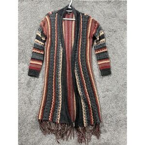 Trendy Threads Fringe Duster Cardigan Womens L Boho Open Front Striped